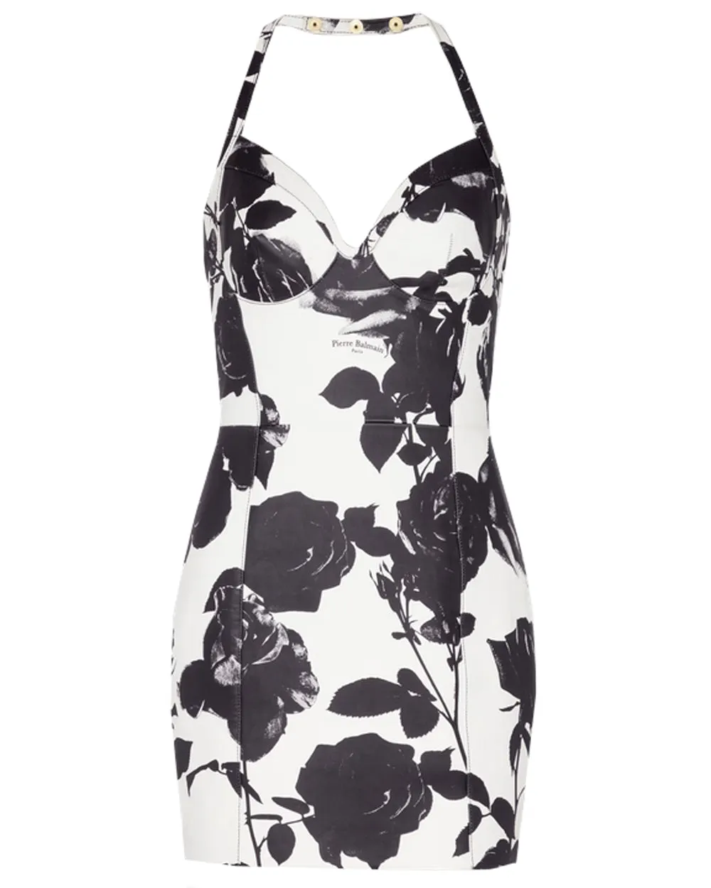 Blanc and Noir Roses Print Leather Mini Dress