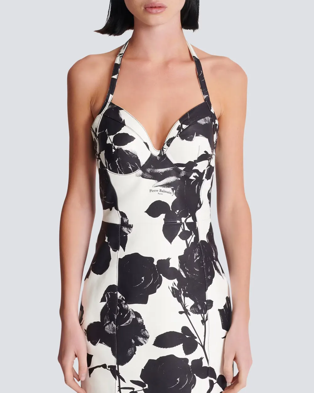 Blanc and Noir Roses Print Leather Mini Dress