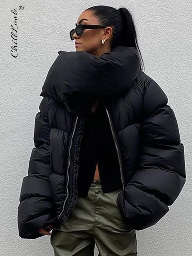 Clearance Sale Winter Scarf Collar Short Jackets Women Loose Bubble Cotton Streetwear Coats Female Zipper Outwear Casual Top