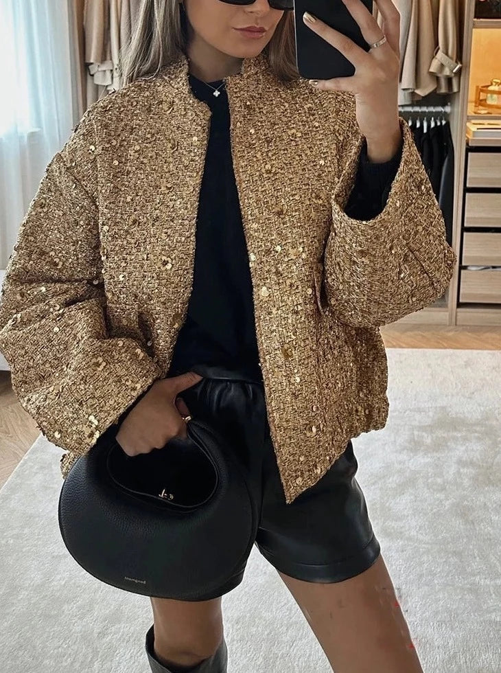 Golden Sequined Oversized Jackets Women Long Sleeve Zipper Jackets