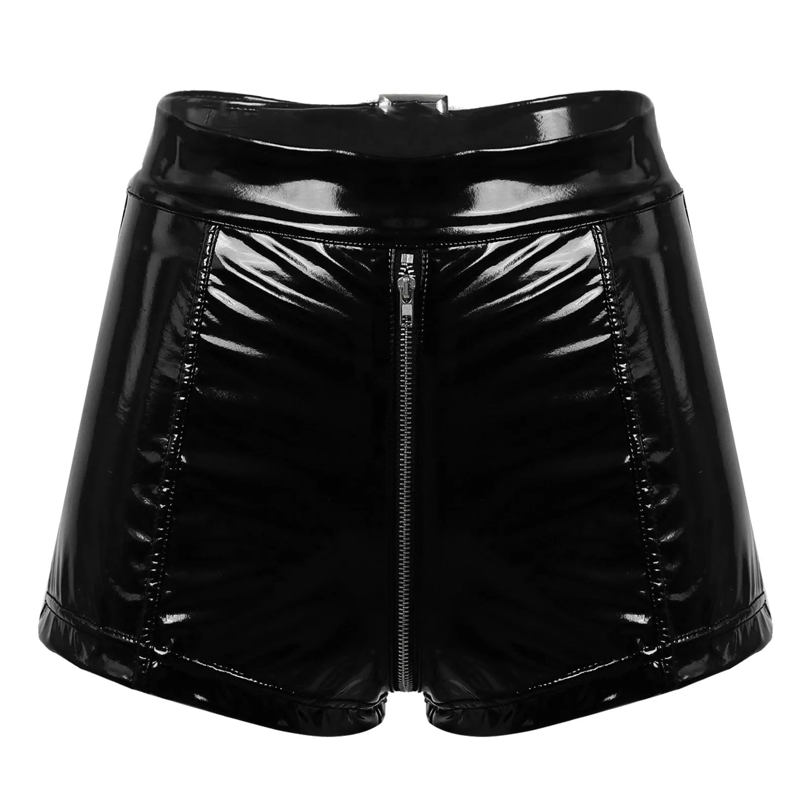 High Waisted Patent Leather Shorts Sexy Wet Look Zipper Crotch Shorts