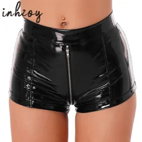 High Waisted Patent Leather Shorts Sexy Wet Look Zipper Crotch Shorts