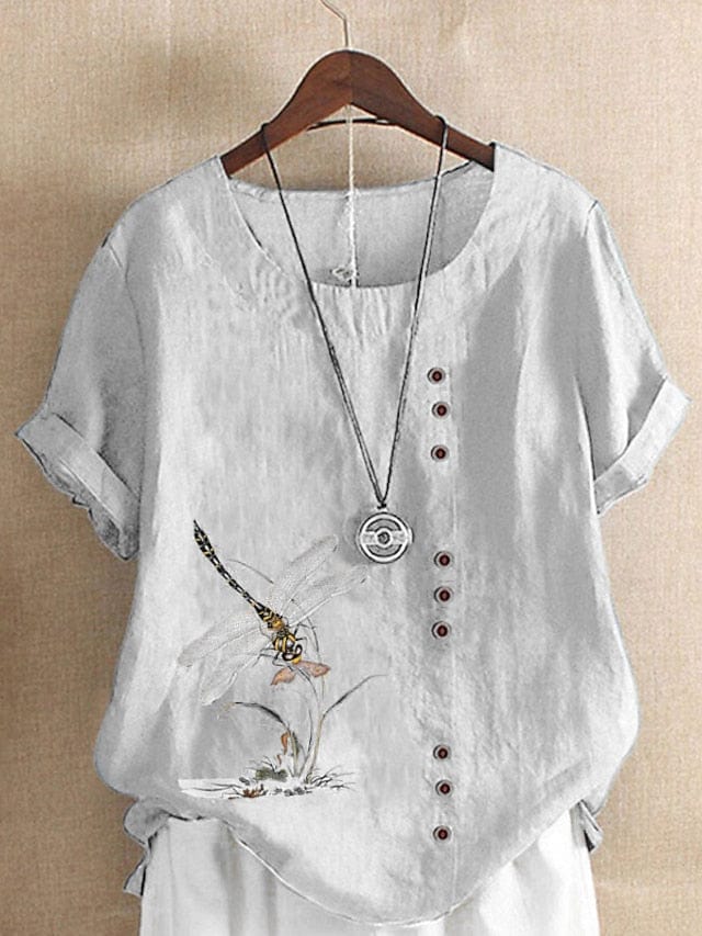 Ladies' Floral Print Linen T-Shirt with Short Sleeves