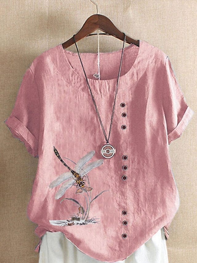 Ladies' Floral Print Linen T-Shirt with Short Sleeves