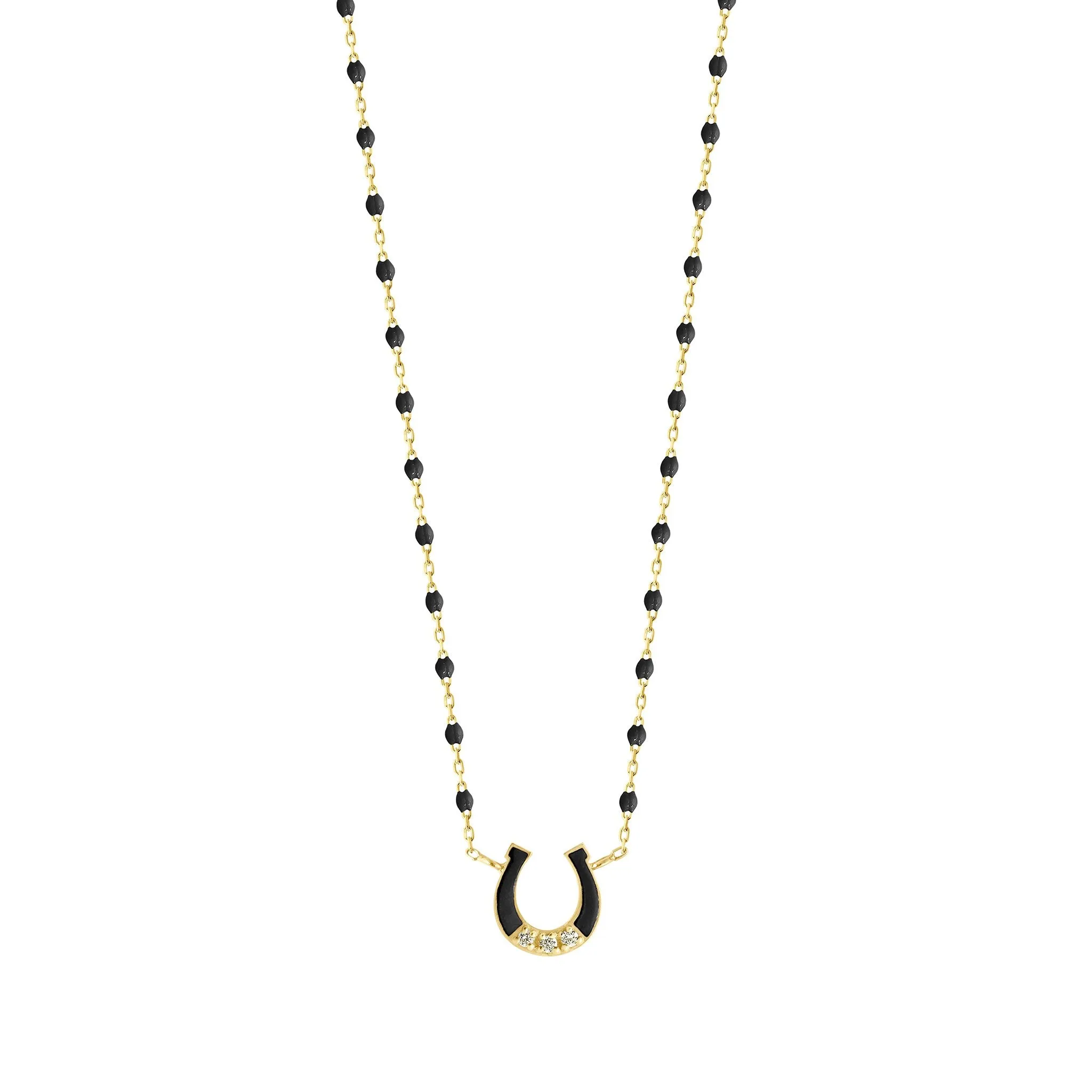 Mini Horseshoe Diamond Black necklace, Yellow Gold, 16.5