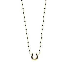 Mini Horseshoe Diamond Black necklace, Yellow Gold, 16.5