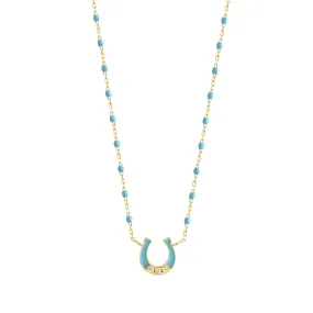 Mini Horseshoe Diamond Turquoise necklace, Yellow Gold, 16.5