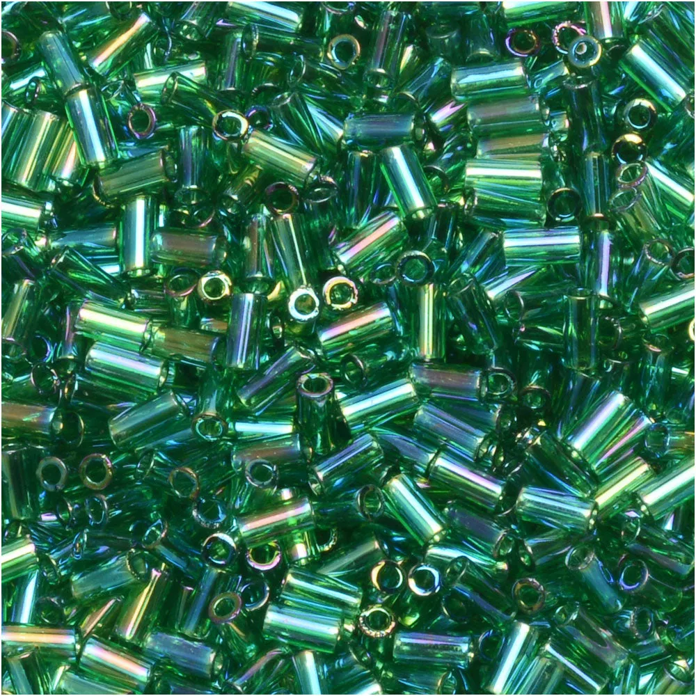 Miyuki Bugle Tube Beads, Cylinder Size #1 3x1.5mm, Green AB (19.5 Grams)