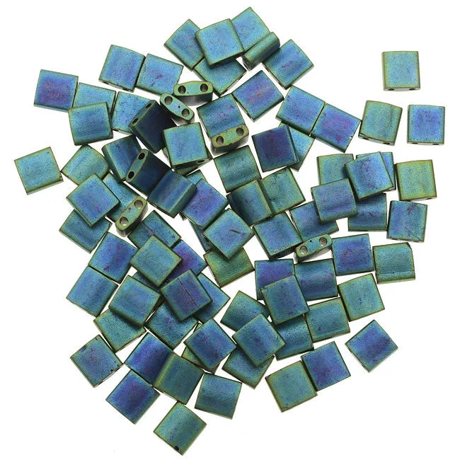 Miyuki Tila 2 Hole Square Beads 5mm - Matte Metal Blue Green 7.2 Grams