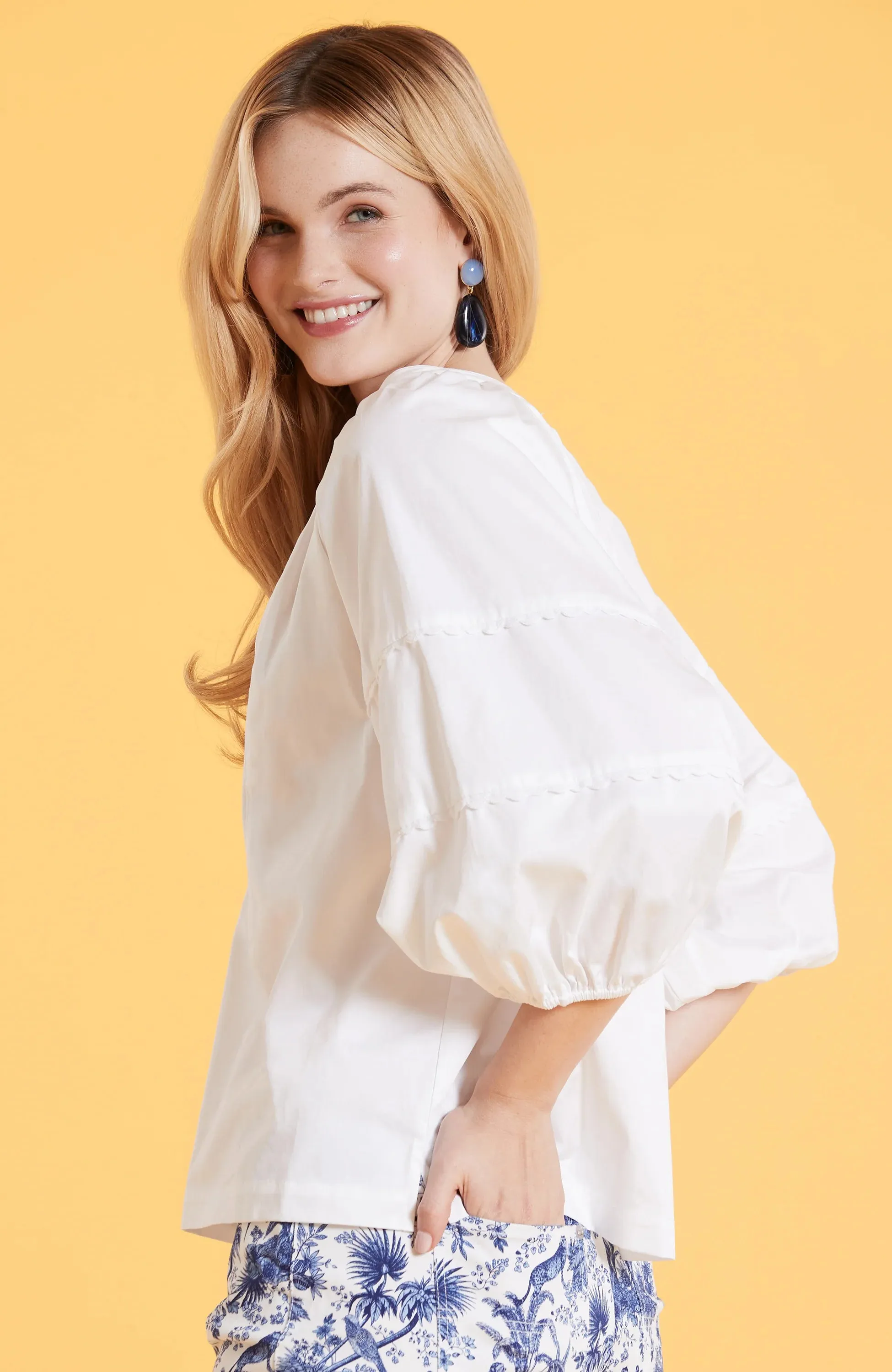 Molly White Sateen Puff Sleeve Blouse by Tyler Boe