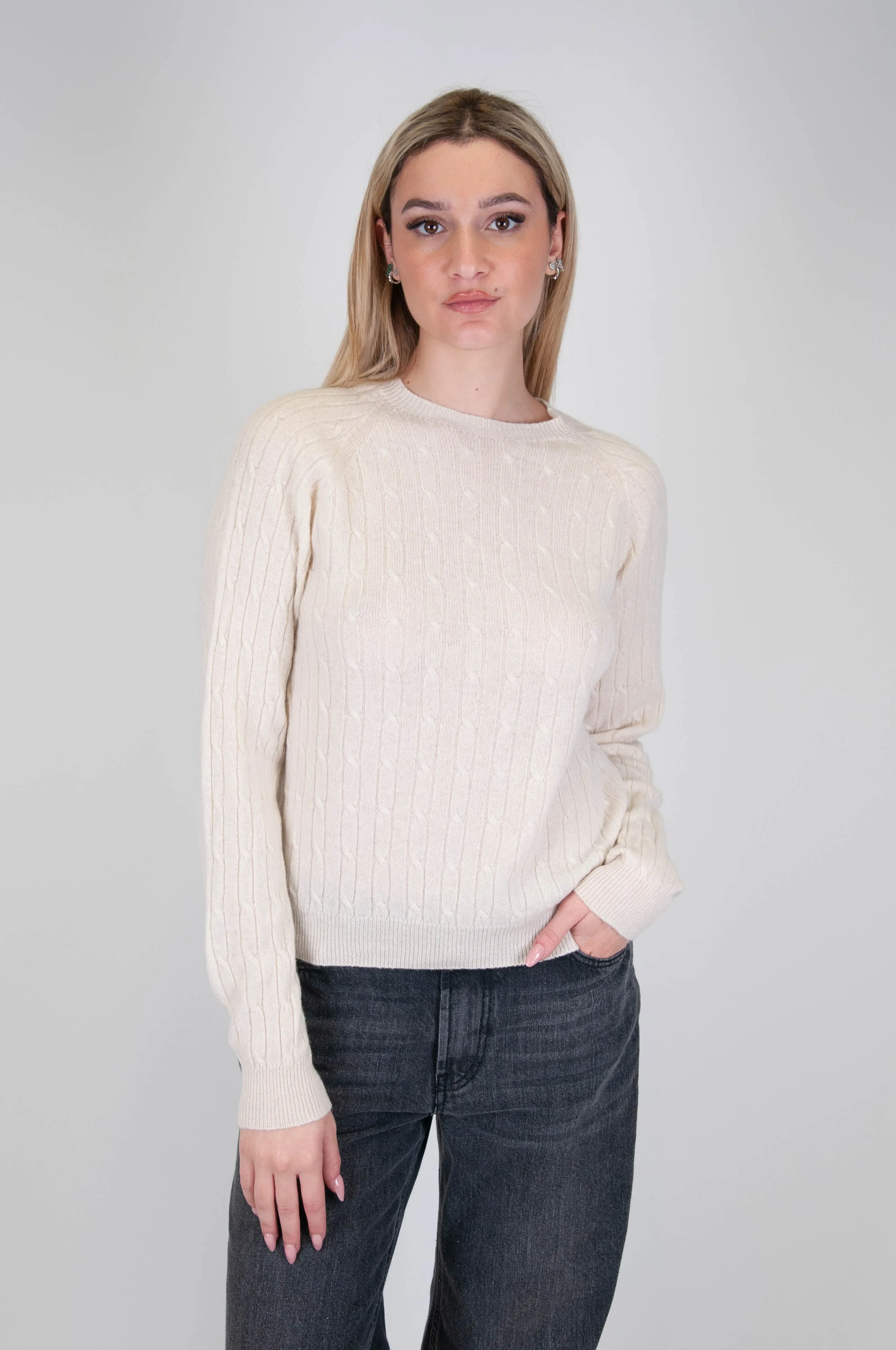 Motel - Maglia girocollo con trecce 100% in puro cashmere