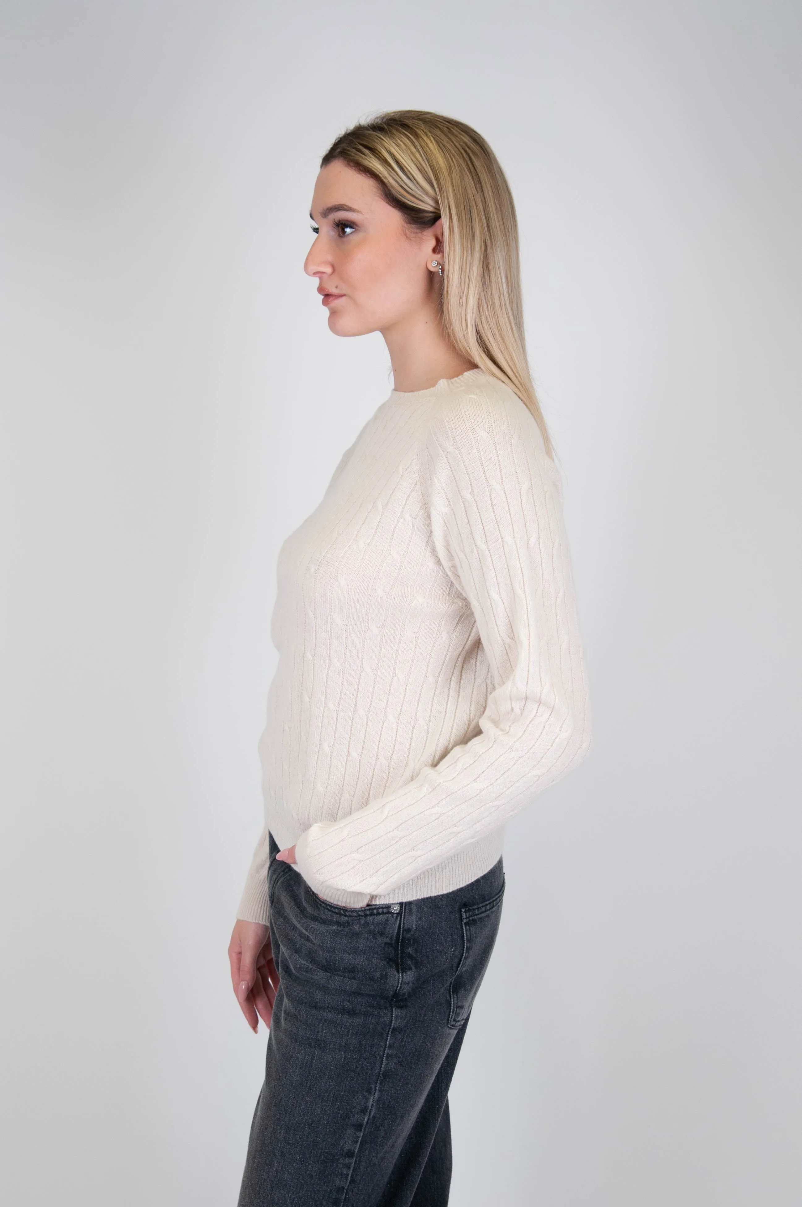 Motel - Maglia girocollo con trecce 100% in puro cashmere