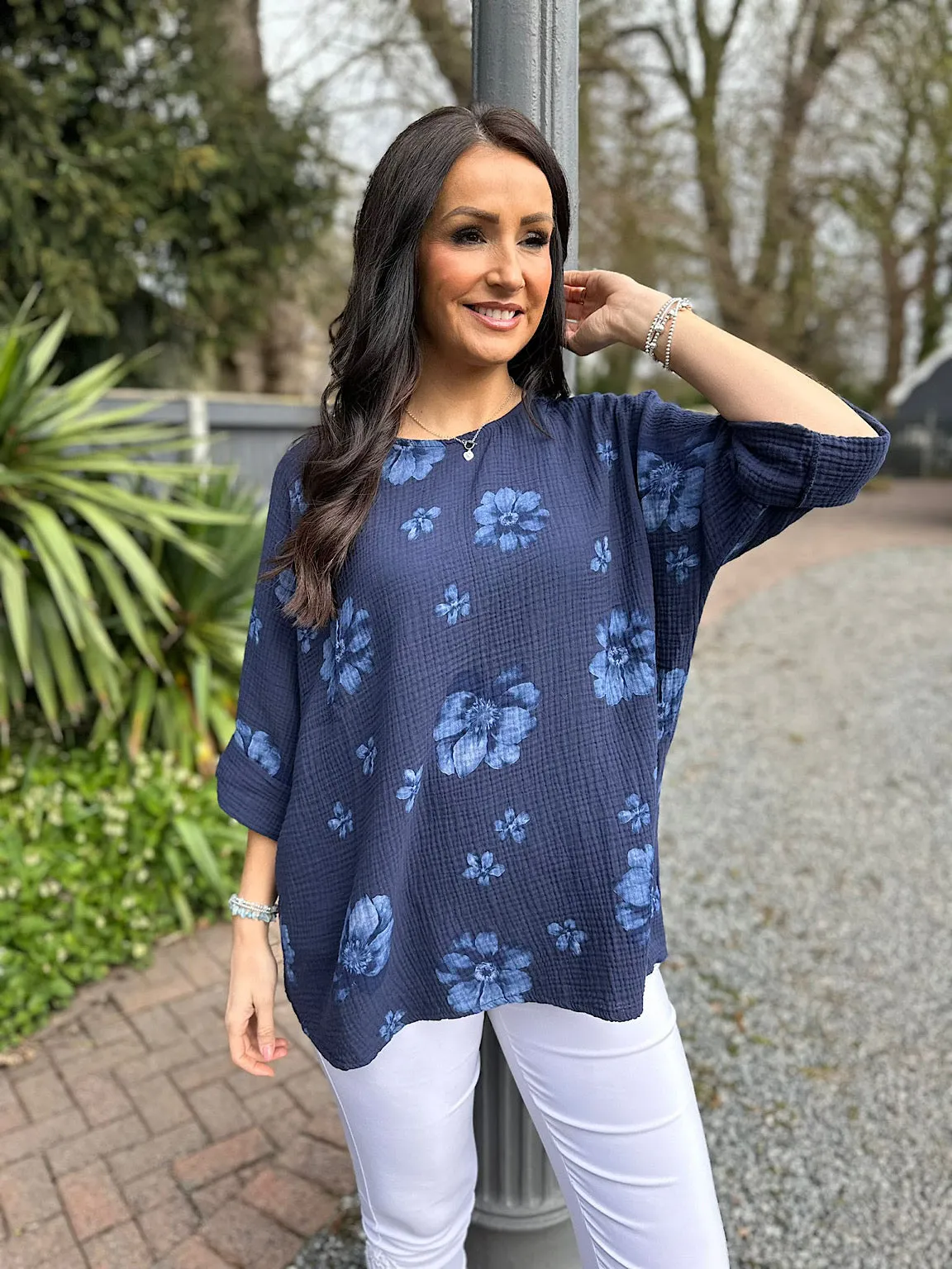 Navy Bubble Cotton Flower Top Pippa