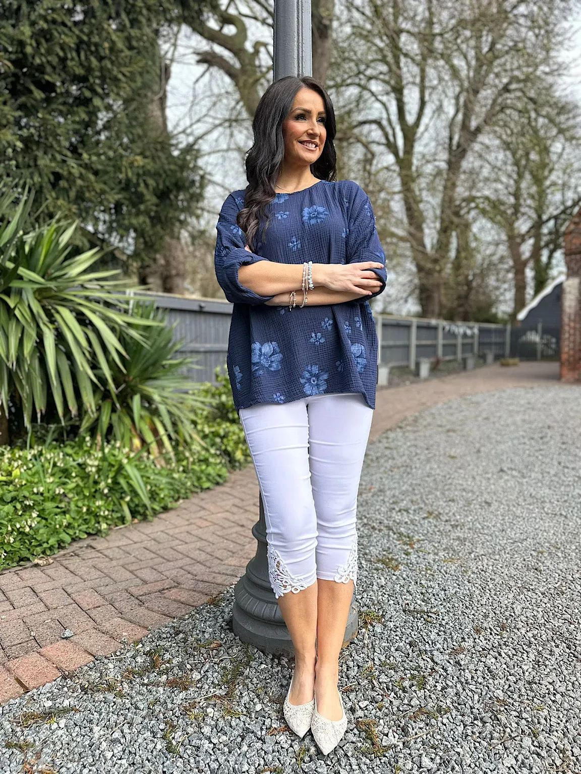 Navy Bubble Cotton Flower Top Pippa