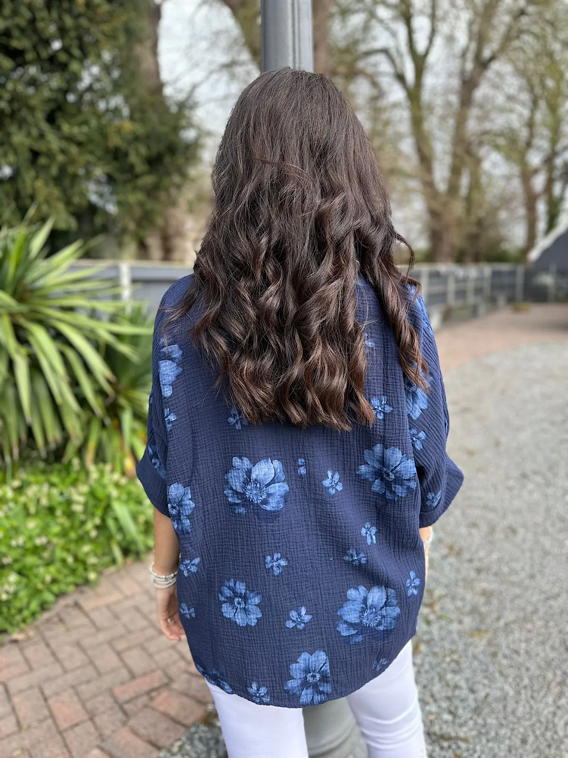 Navy Bubble Cotton Flower Top Pippa