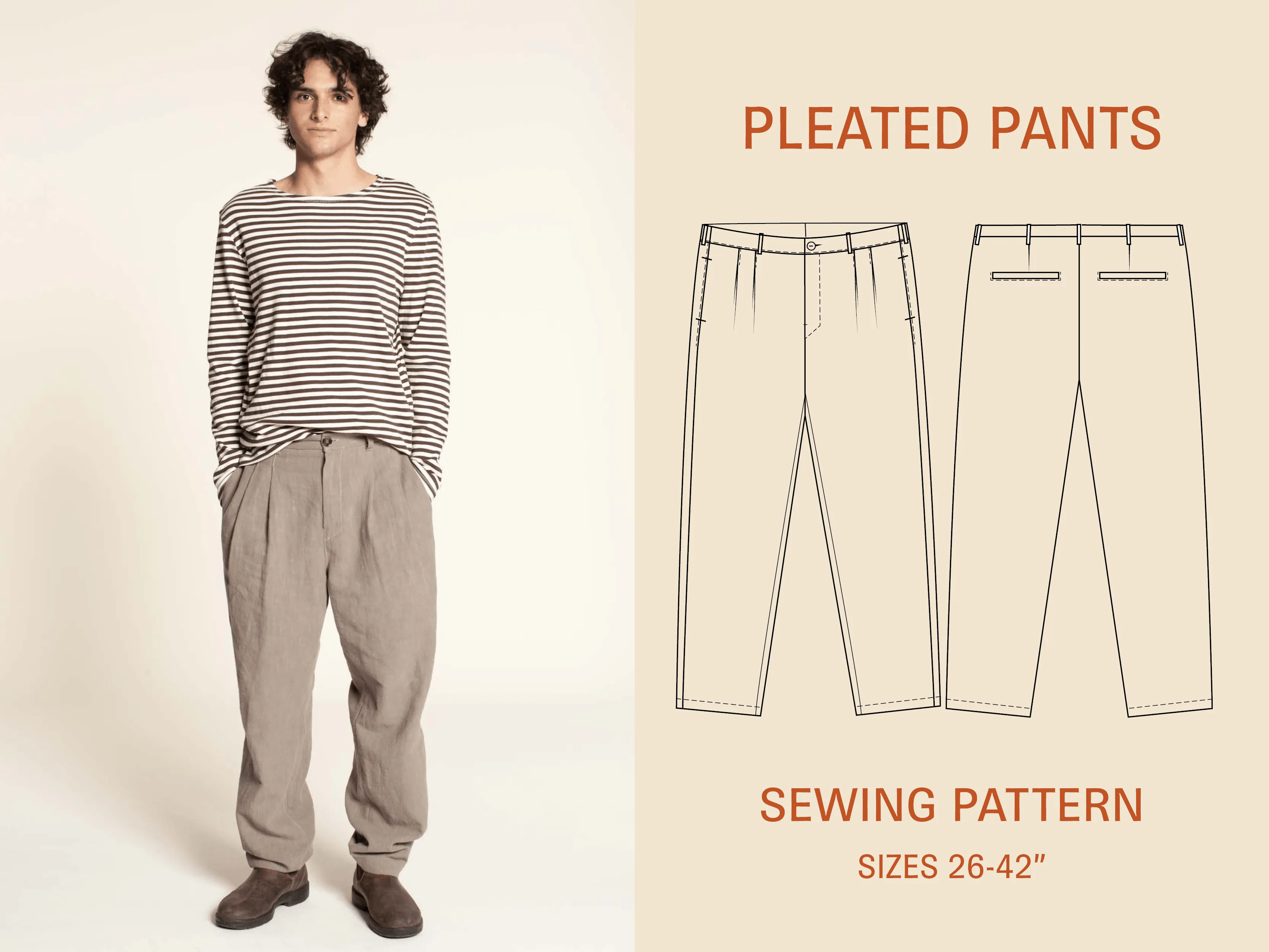 Pleated pants sewing pattern- Sizes 26-42