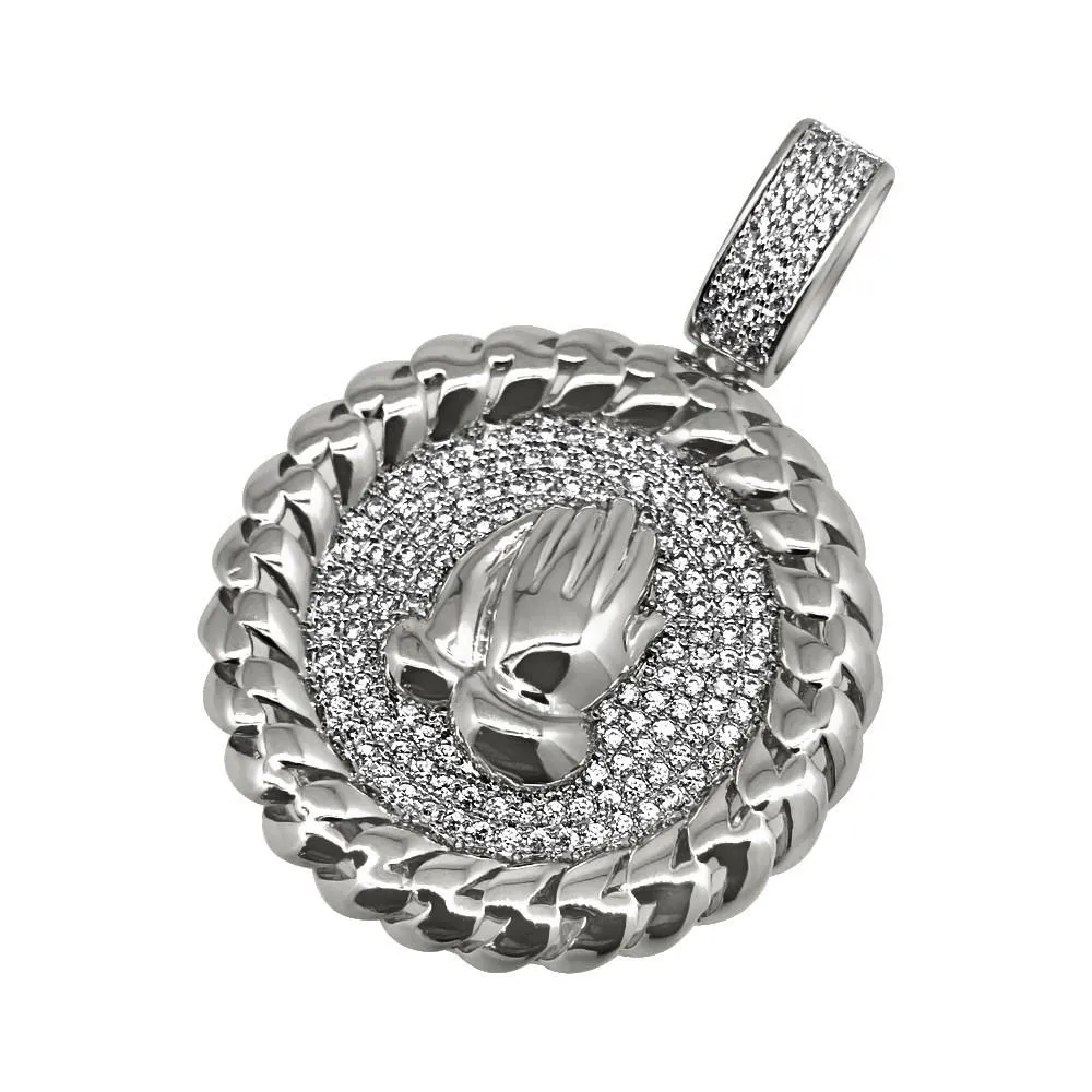 Prayer Hands Rhodium Cuban CZ Bling Pendant