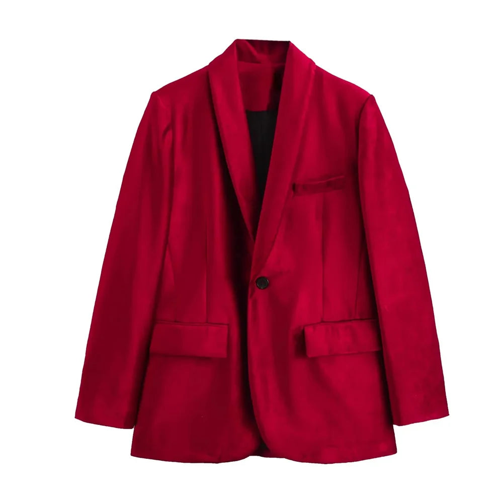 Red Velvet Oversized Blazers Women Long Sleeve V Neck Pockets Jackets