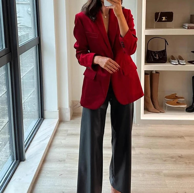 Red Velvet Oversized Blazers Women Long Sleeve V Neck Pockets Jackets