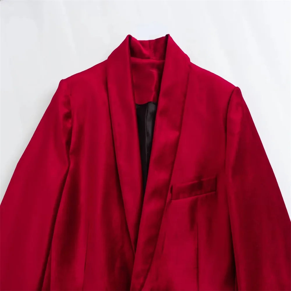 Red Velvet Oversized Blazers Women Long Sleeve V Neck Pockets Jackets