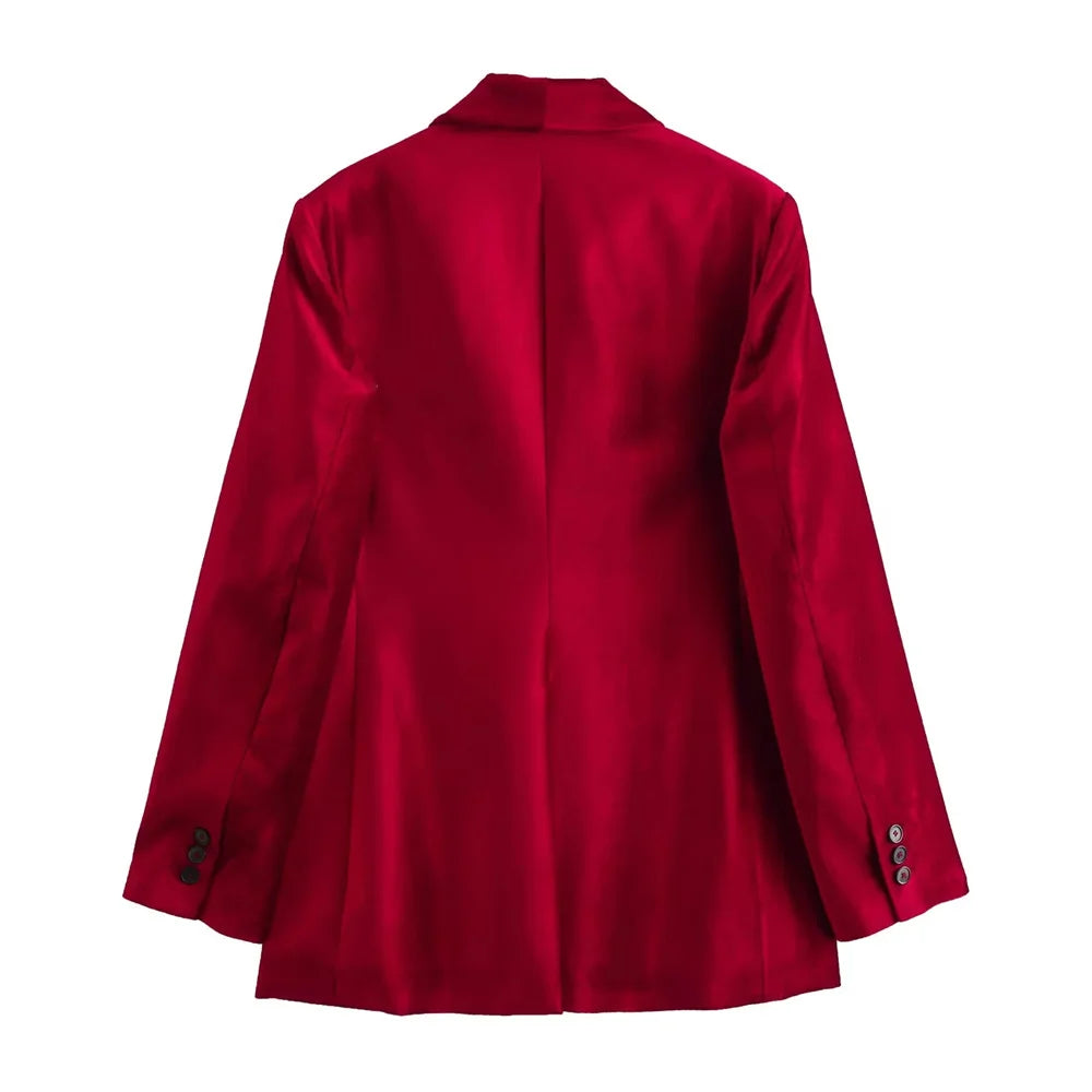 Red Velvet Oversized Blazers Women Long Sleeve V Neck Pockets Jackets