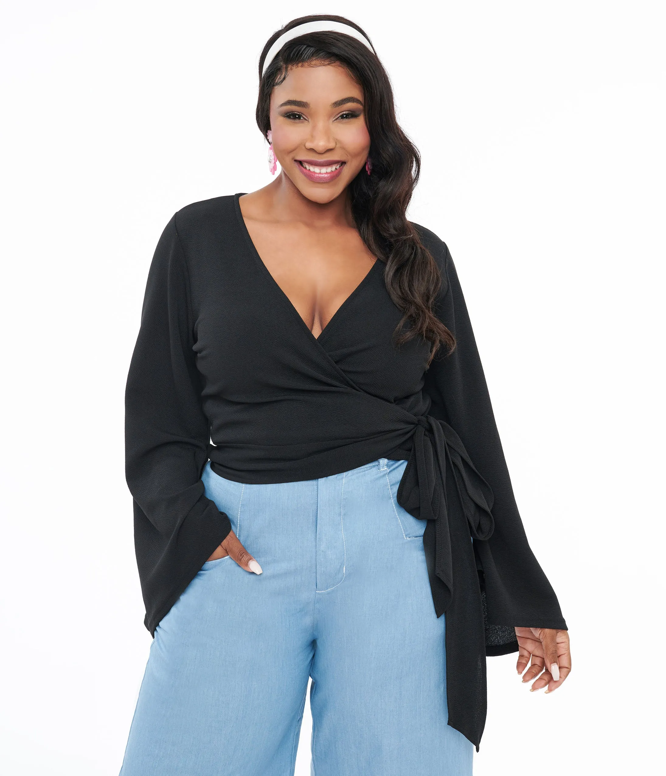 Smak Parlour Plus Size Black Bell Sleeve Wrap Top