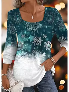 Snowflake Print Long Sleeve T-shirt for Weekend Festivals