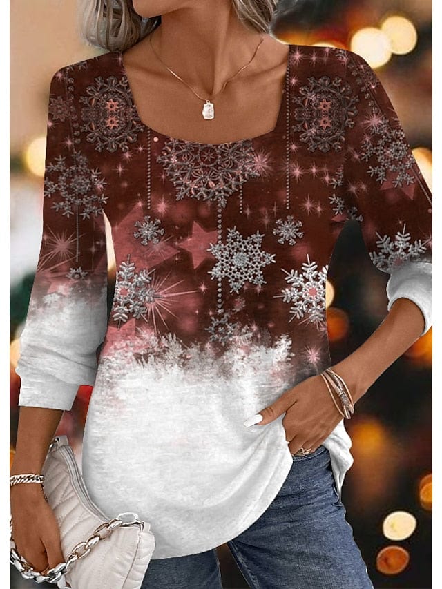 Snowflake Print Long Sleeve T-shirt for Weekend Festivals