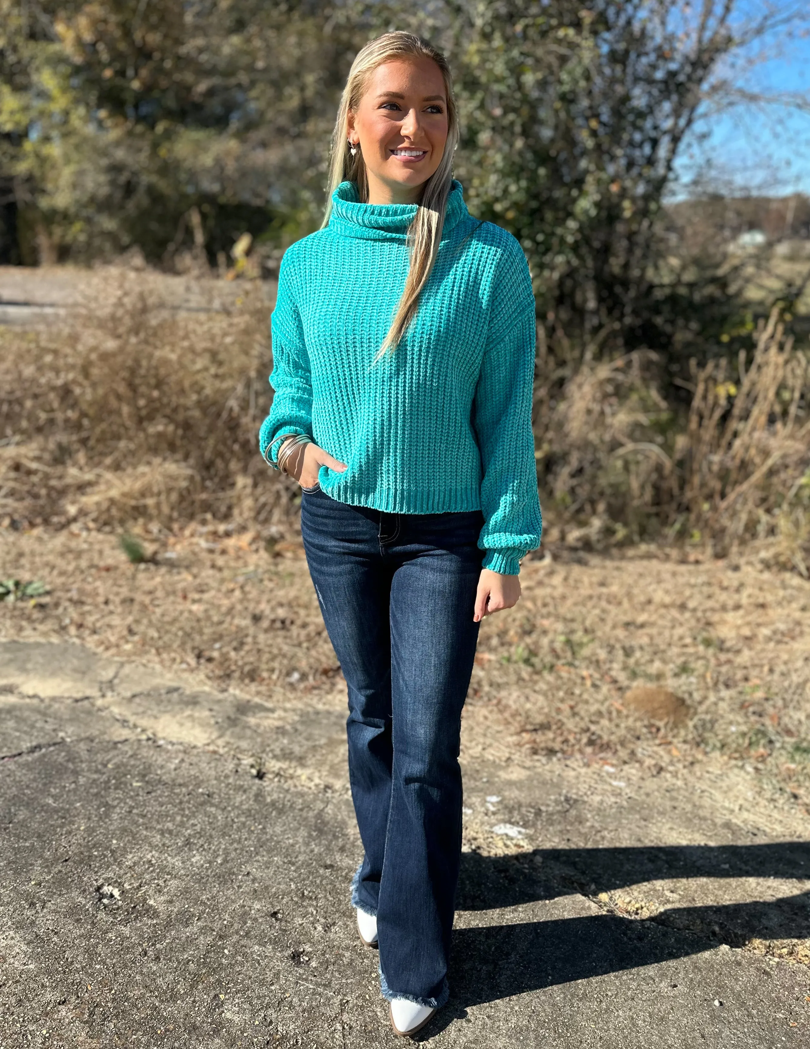 Something To Talk About Turtleneck Sweater Turquoise