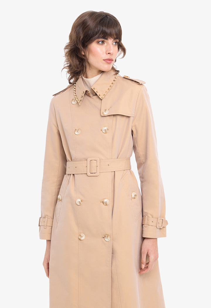 Studded Collar Gabardine Trench Coat