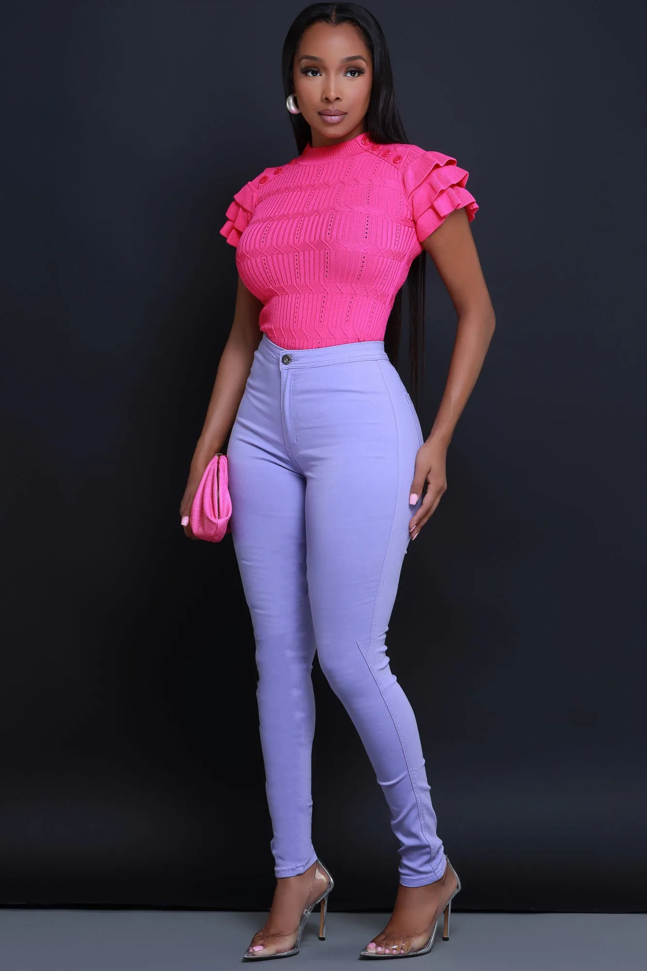 Sweetness Ruffle Shoulder Turtleneck Short Sleeve Sweater - Magenta