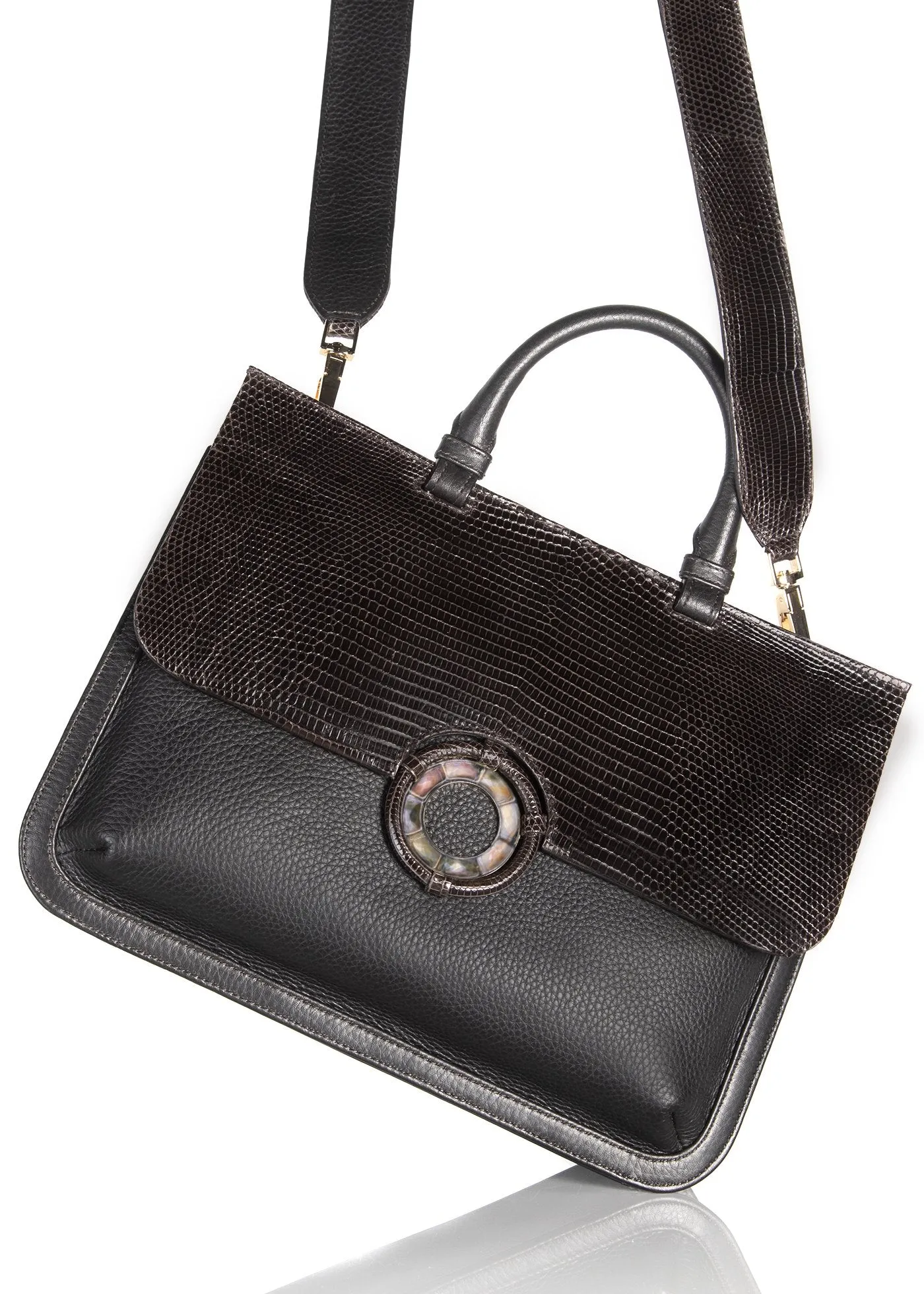 Sydney Convertible Satchel - Dark Brown Lizard & Leather, Jasper Grommet