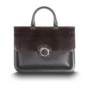 Sydney Convertible Satchel - Dark Brown Lizard & Leather, Jasper Grommet