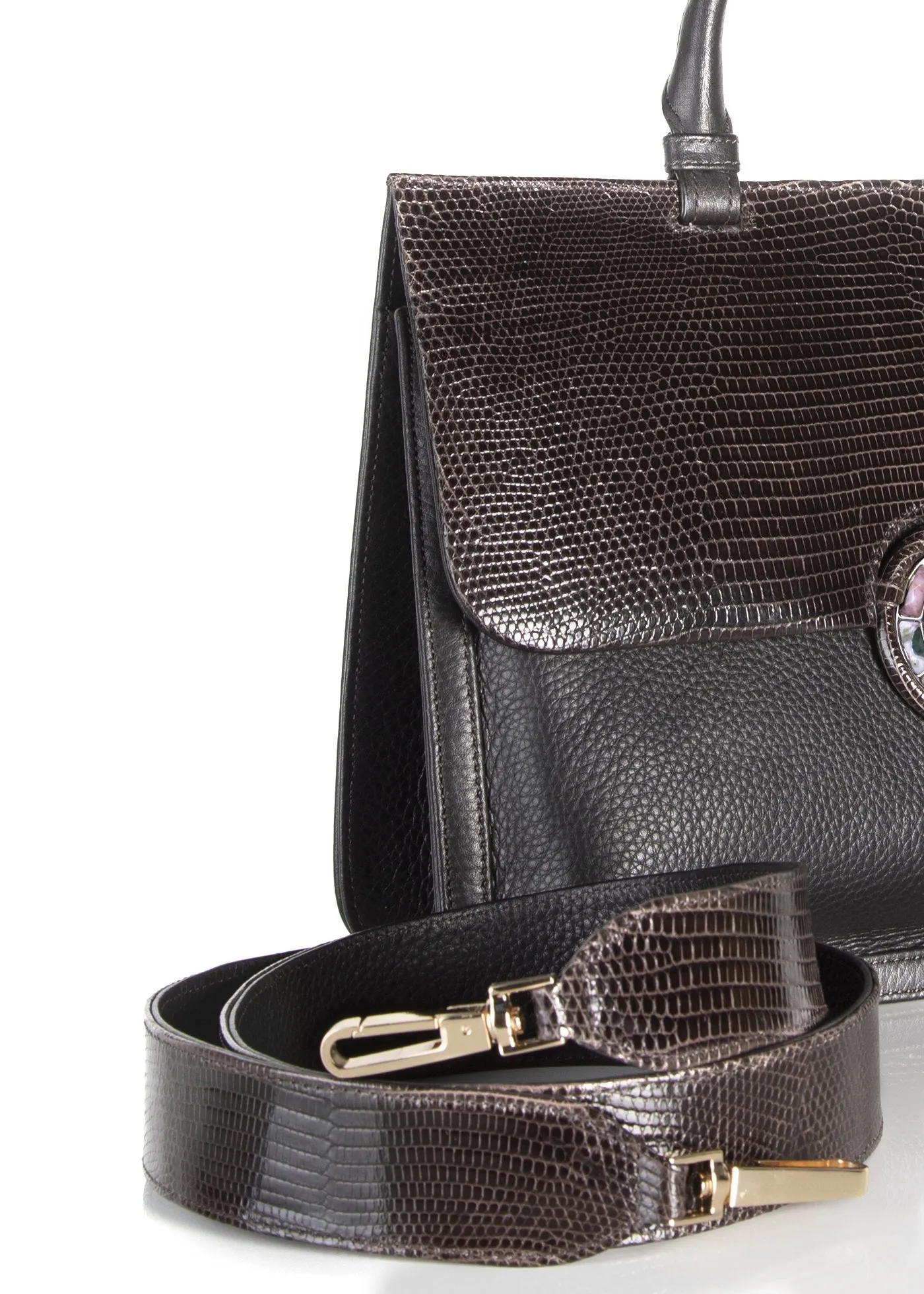 Sydney Convertible Satchel - Dark Brown Lizard & Leather, Jasper Grommet