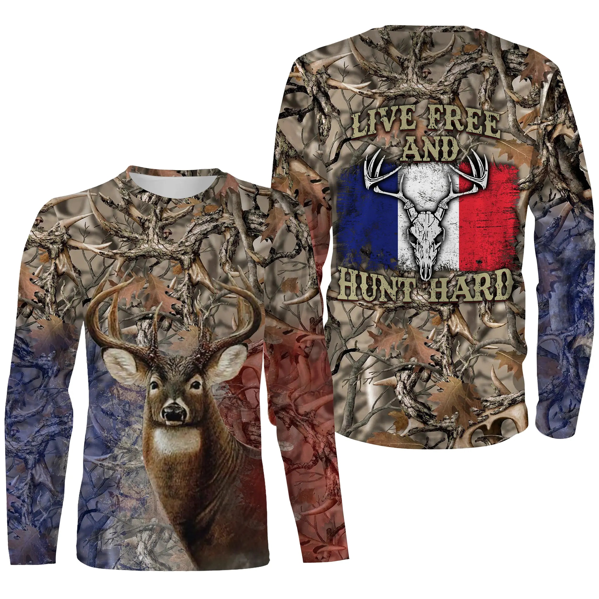 T-shirt Chasse Au Cerf, Live Free Hunt Hard, Drapeau France, Camouflage De Chasse - CT06092219