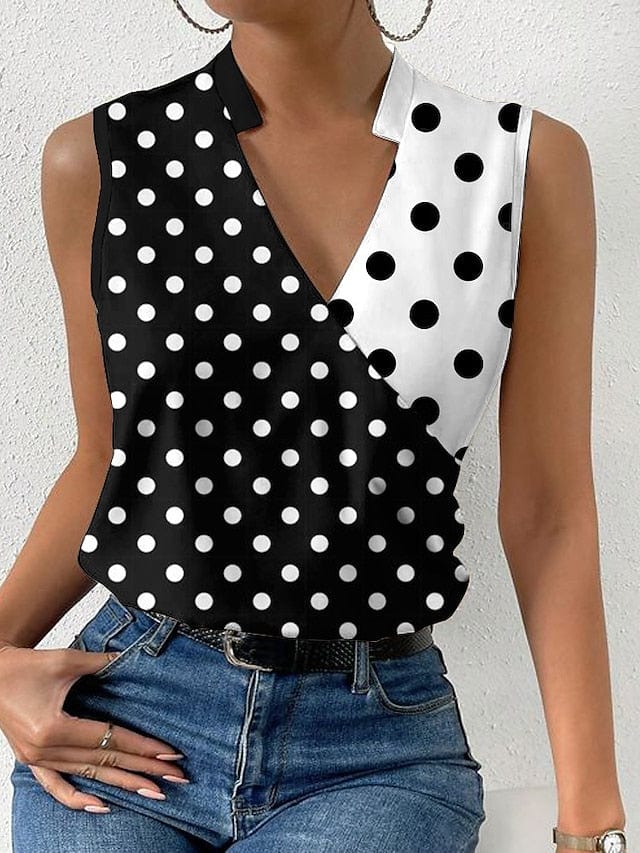 Tank Top Black Wine Blue Polka Dot Print Sleeveless Casual Basic V Neck Regular S for Women