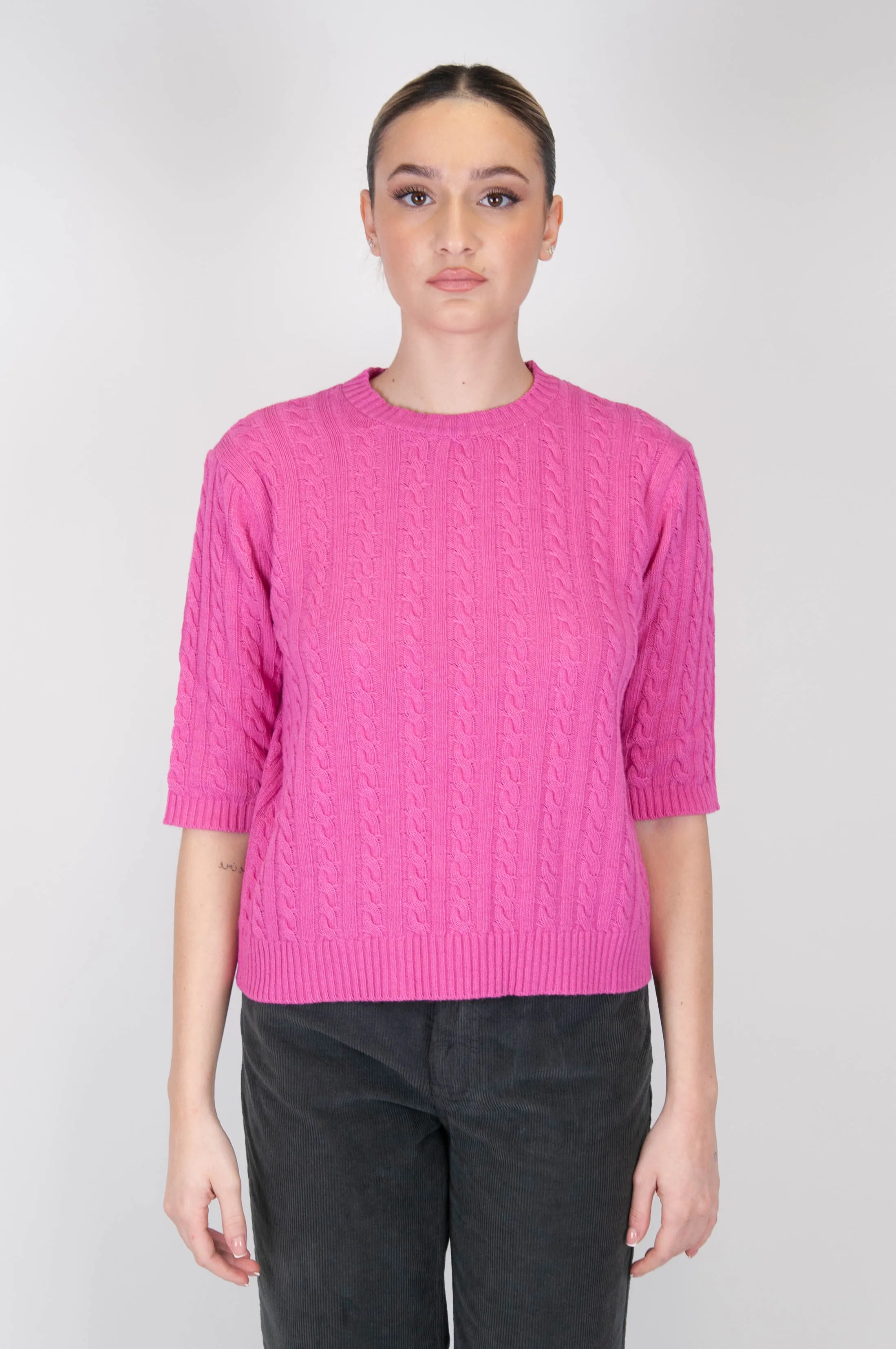 Tensione in - Maglia girocollo con trecce in misto cashmere manica 3/4