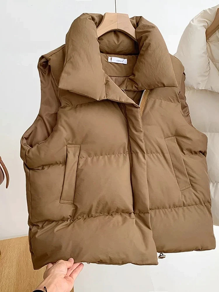 Women Fashion Autumn Winter New 2023 Stand Collar Elegant Puffer Vests